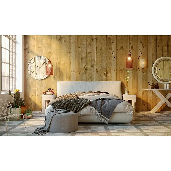 Bariperfil Cornisa Toasted Pine - 2,44 m x 7 mm x 40 mm - Un dormitorio luminoso con una cama cómoda, mesitas de noche y elementos decorativos como relojes y lámparas.