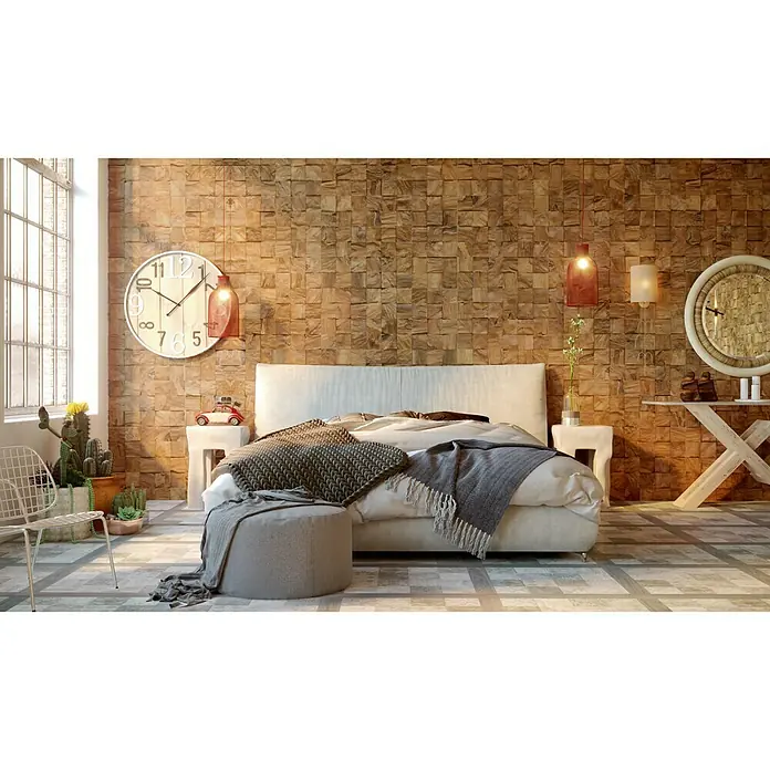 Bariperfil Cornisa Diamond Natural - 2,44 m x 7 mm x 40 mm - Acogedora habitación con pared de acento de cubo de madera, cama con manta gris y mesitas de noche con iluminación para un ambiente cálido.