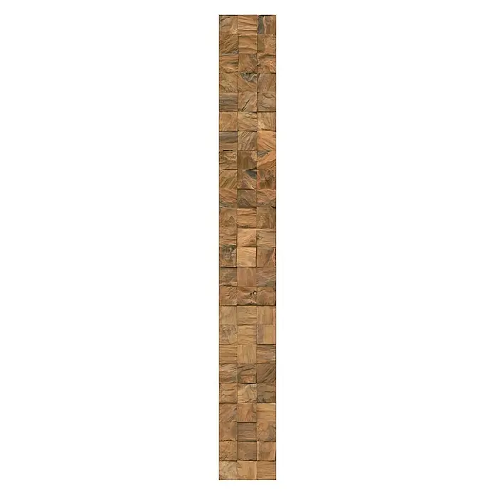 Bariperfil Panel de pared Diamond Natural - 260 x 32 cm - Un panel largo y vertical con pequeñas piezas cuadradas de madera en varios tonos de marrón, creando un patrón interesante.