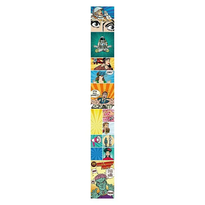 Bariperfil Panel de pared Pop Comic - 260 x 32 cm - Collage de ilustraciones pop-art, desde astronautas hasta fiestas de Halloween. Ideal para proyectos creativos y decoraciones retro.