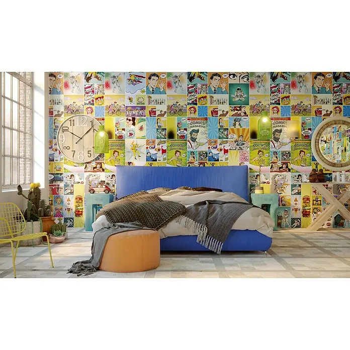 Bariperfil Panel de pared Pop Comic - 260 x 32 cm - Dormitorio con papel pintado de cómics: Un espacio vibrante con una cama azul y una pared adornada con fondos de cómics.