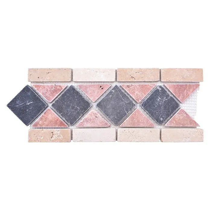 Fliesenbordüre Jupiter XNB 40286 - 30,5 x 12,5 cm, Rot/Schwarz/Beige, Matt - Dekoratives Mosaikbordüre-Fliesenmuster in Beige, Grau und Rosa, ideal für Akzentwände oder Badezimmer.