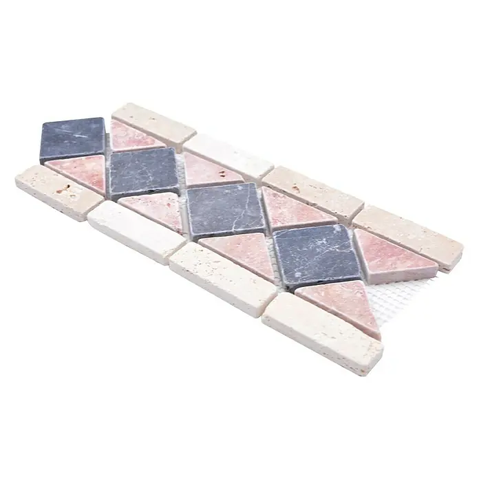 Fliesenbordüre Jupiter XNB 40286 - 30,5 x 12,5 cm, Rot/Schwarz/Beige, Matt - Nahaufnahme eines Mosaiks aus Marmor in verschiedenen Farben und Formen, ideal für die Gestaltung von Wand- und Bodenflächen.