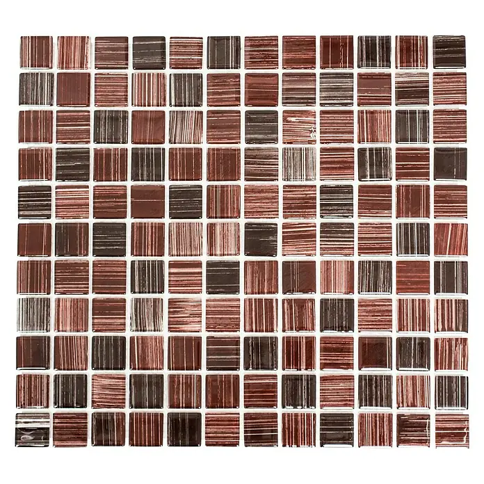 Mosaikfliese Quadrat Crystal CM 4260 - 32,7 x 30,2 cm, Braun, Glänzend - Nahaufnahme eines Mosaikfliesenblatts mit quadratischen, braunen Fliesen mit Streifenmustern, ideal für Bad- oder Küchenrückwände.