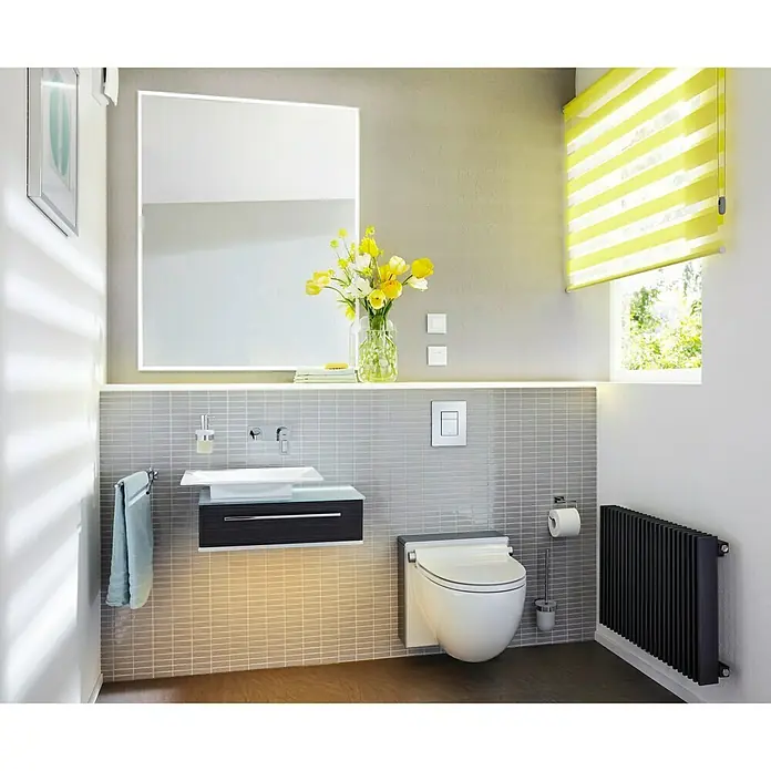 Mosaikfliese Stäbchen Uni ST 330 - 29,8 x 31,8 cm, Grau, Glänzend - Modernes Badezimmer-Interieur mit stilvollem Waschtisch, Toilette und Heizkörper. Das elegante Design wird durch den beleuchteten Spiegel hervorgehoben.