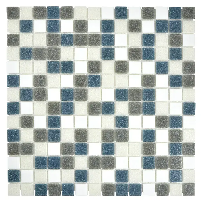 Mosaikfliese Quadrat Mix GM A 123 - 30,5 x 30,5 cm, Weiß/Grau, Glänzend - Mosaikfliese mit quadratischen Mustern in Weiß-, Grau- und Blautönen für moderne Bad- oder Küchengestaltung.