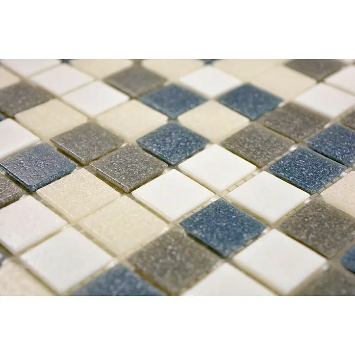 Mosaikfliese Quadrat Mix GM A 123 - 30,5 x 30,5 cm, Weiß/Grau, Glänzend - Nahaufnahme eines Mosaiks mit weißen, blauen und grauen quadratischen Fliesen.