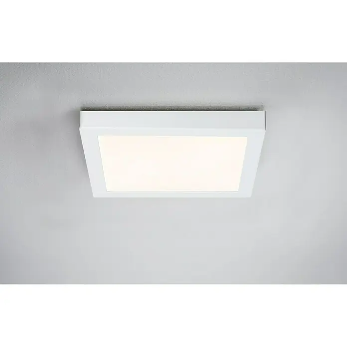 Paulmann LED-Deckenleuchte Lunar - 16 W, L x B x H: 30 x 30 x 3,8 cm, Weiß, Warmweiß - Nahaufnahme einer quadratischen, weißen Deckenleuchte, die ein helles, einladendes Licht ausstrahlt und eine moderne Ästhetik bietet.