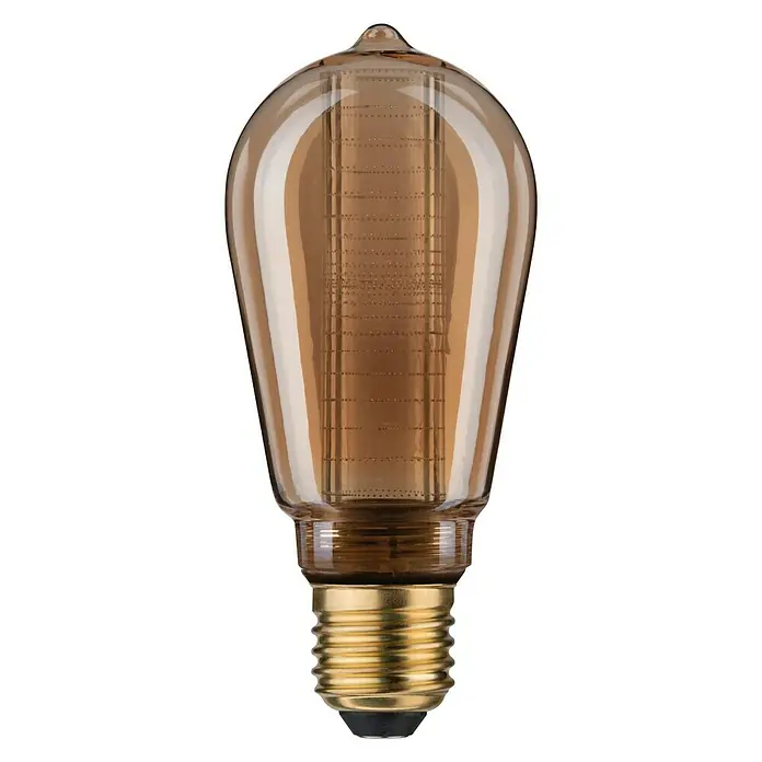 Paulmann LED-Lampe Vintage Glühlampenform Ring E27 - E27, Nicht Dimmbar, Warmweiß, 200 lm, 4 W, Tropfen - Ein braunes Edison-Leuchtmittel mit einem goldenen Sockel vor einem neutralen Hintergrund.