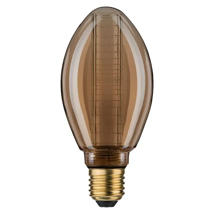 Paulmann LED-Lampe Vintage Glühlampenform Ring E27 - E27, Nicht Dimmbar, Warmweiß, 200 lm, 4 W, Birne - Nahaufnahme einer bernsteinfarbenen LED-Glühbirne mit sichtbaren Filamenten und goldenem Sockel. Energiesparende Beleuchtungslösung.
