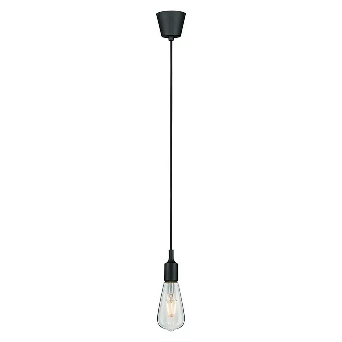 Paulmann Neordic Pendelleuchte Ketil - Schwarz, 200 cm, 20 W, E27 - Hängeleuchte mit einer einzelnen Glühbirne, die von einer schwarzen Fassung gehalten wird und von einer schwarzen Deckenhalterung herabhängt.