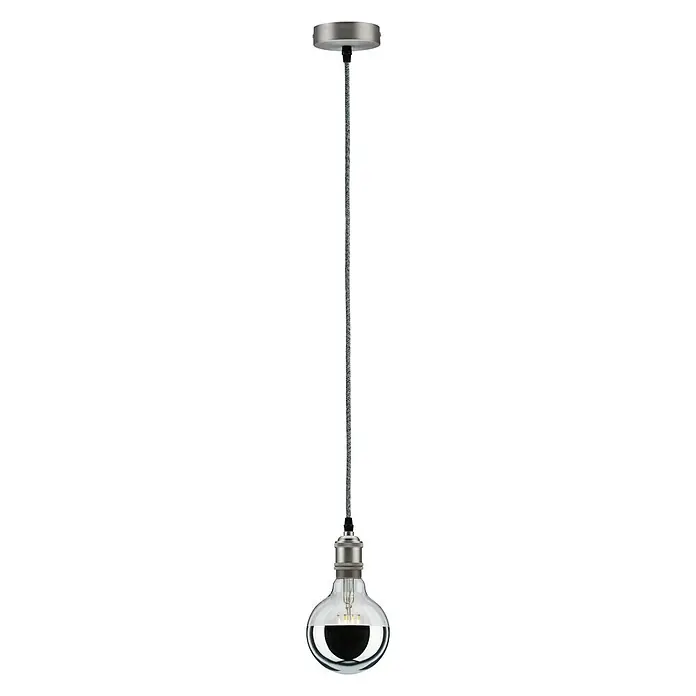 Paulmann Neordic Lampenpendel Eldar - Grau, 200 cm, 20 W, E27 - Pendelleuchte mit einer runden Glühbirne und einem grauen Textilkabel. Die Lampe hat eine silberne Deckenhalterung und Fassung.