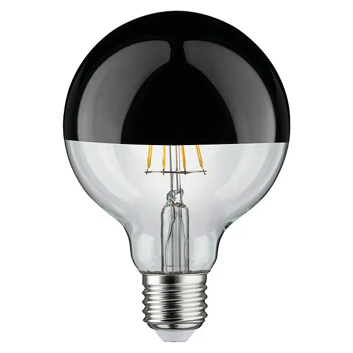 Paulmann LED-Lampe Vintage Globe-Form E27 G95 - E27, Dimmbar, Warmweiß, 600 lm, 6,5 W, Farbe: Klar, Schwarz, Glänzend - Schwarze Glühbirne mit Klarglas unten und silbernem Sockel, die ein warmes, einladendes Licht ausstrahlt.