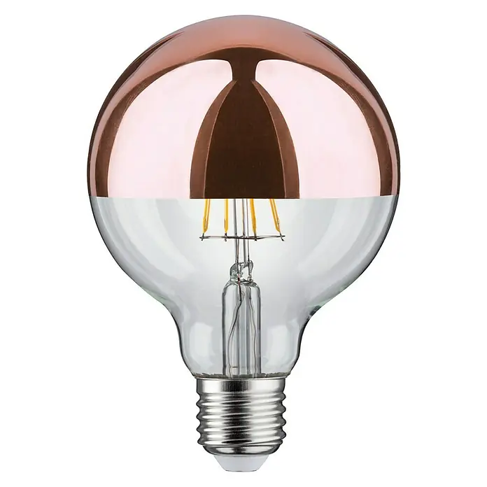 Paulmann LED-Lampe Vintage Globe-Form E27 - E27, Nicht Dimmbar, Warmweiß, 600 lm, 6,5 W, Farbe: Klar, Glänzend - Nahaufnahme einer dekorativen LED-Lampe mit verspiegelter, kupferfarbener Oberseite und klarem Glasunterteil.