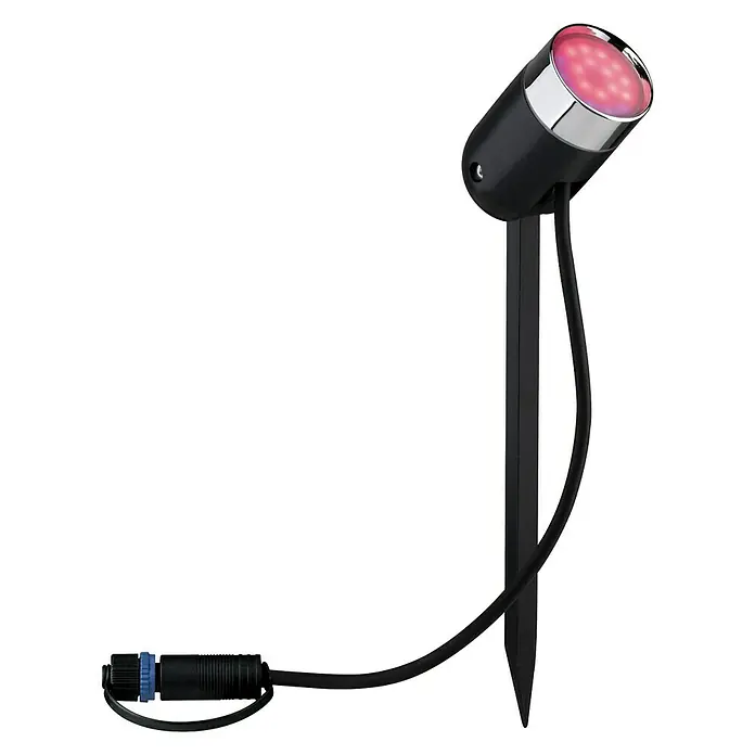 Paulmann Plug & Shine Lámpara con pica Pike - 4,5 W, Altura: 22,5 cm, IP44 - Foco de jardín con estaca de tierra. La lámpara negra con anillo cromado se ilumina en rojo. Incluye cable y conector.