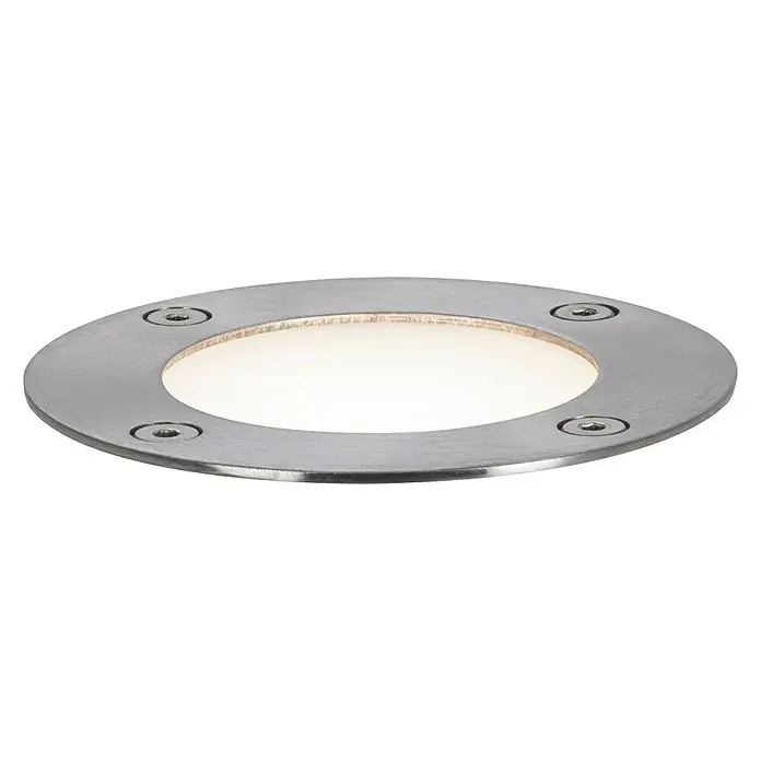 Paulmann Plug & Shine Foco para empotrar en suelo - 3,6 W, Plata, Ø x Al: 9,6 x 9,2 cm - Primer plano de una luz de suelo empotrada redonda de acero inoxidable con luz integrada.