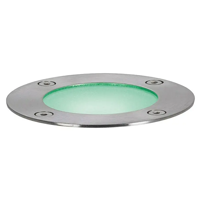Paulmann Plug & Shine Foco para empotrar en suelo - 3,6 W, Plata, Ø x Al: 9,6 x 9,2 cm - Un foco empotrable de suelo con una carcasa metálica redonda plateada y luz verde, perfecto para iluminar jardines.