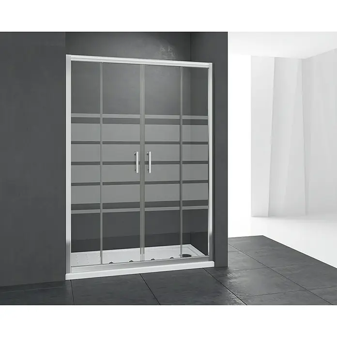 Mampara de ducha frontal Chloe 2P - 150 x 195 cm, 5 mm, Cromo, Vidrio serigrafiado - Aquí hay una imagen de una cabina de ducha con puertas correderas y un patrón horizontal lineal en el vidrio.