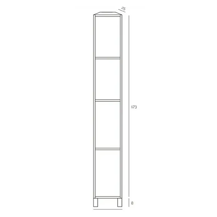 Artysan Armario alto de baño Mirra - 25 x 27 x 181 cm, Blanco - Un diagrama de un estante estrecho y alto con cuatro compartimentos, que mide 25 cm de ancho, 173 cm de alto y una altura de base de 8 cm.