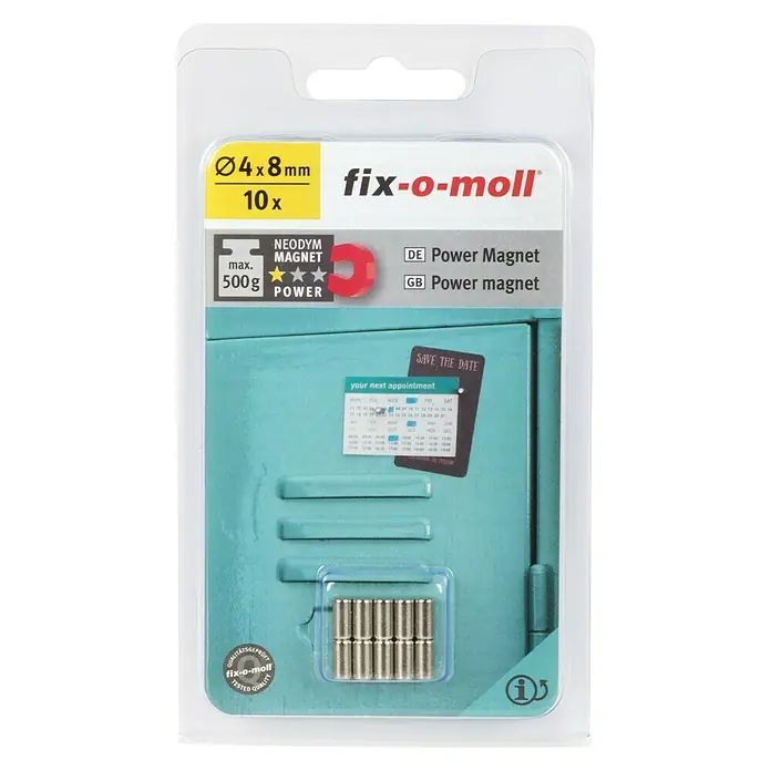 Suki Magnet - Rund, L x B x H: 4 x 4 x 8 mm - Eine Packung Fix-o-moll Power Magnete, 4x8mm Größe, 10 Stück, Neodym Magnete mit maximal 500g Haftkraft, ideal für Büro und Haushalt.