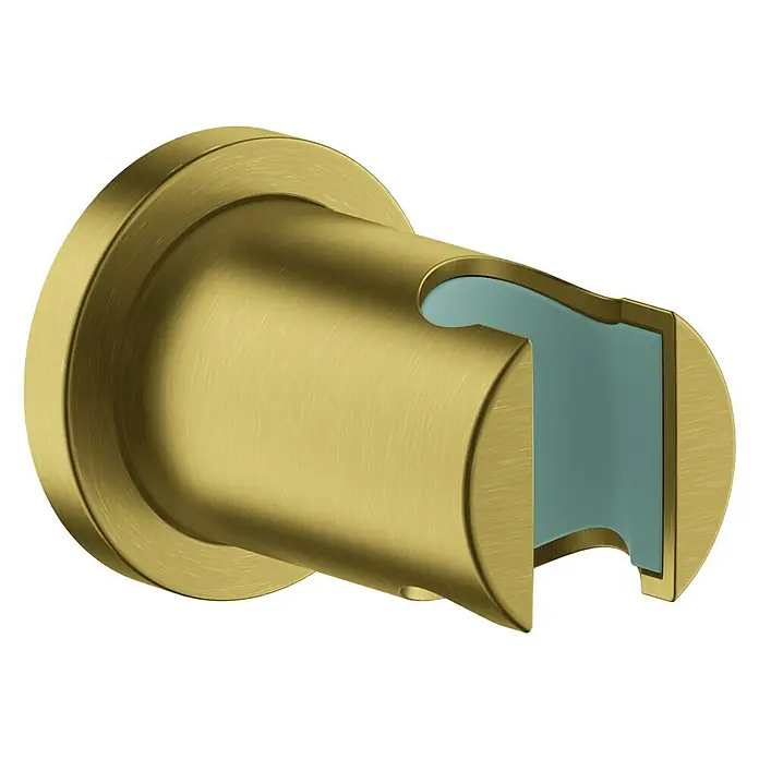 Grohe Rainshower Brausehalter - Cool Sunrise, Matt - Nahaufnahme einer goldenen Gardinenstangenhalterung zur Wandmontage, die ein modernes Design und eine robuste Konstruktion zeigt.