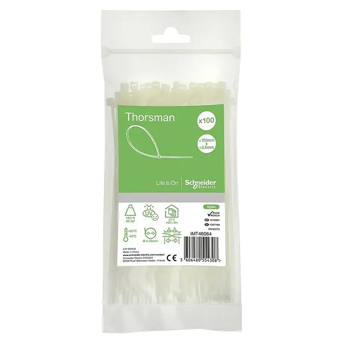 Schneider Electric Kabelbinder - Natur, 150 x 3,6 mm, 100 Stk. - Eine Packung Thorsman-Kabelbinder aus Nylon mit einer Länge von ca. 150 mm und einer Breite von ca. 3,6 mm, insgesamt 100 Stück.