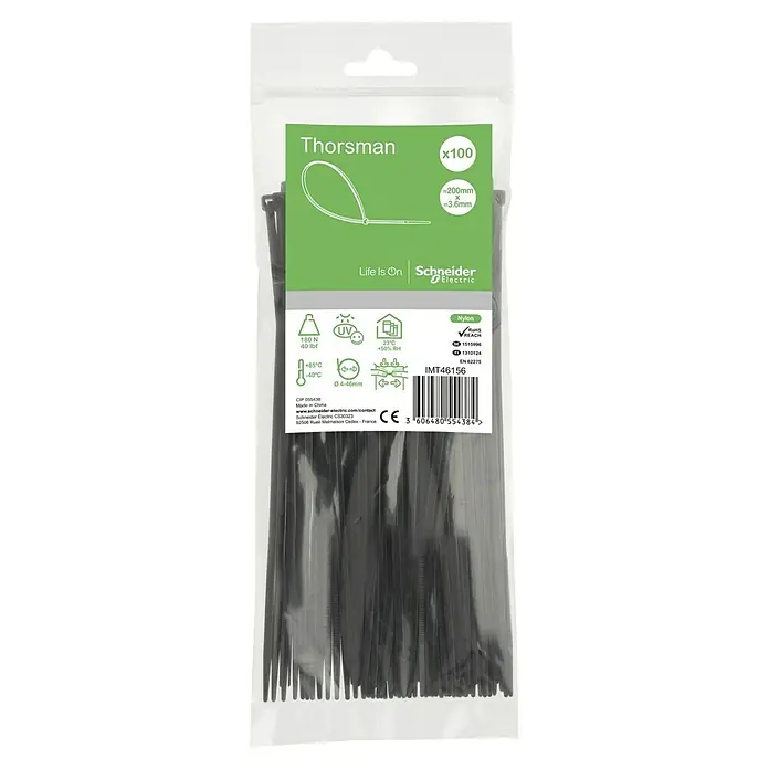 Schneider Electric Kabelbinder - Schwarz, 200 x 3,6 mm, 100 Stk. - Eine Packung Thorsman Kabelbinder aus Nylon, 200 mm lang und 3,6 mm breit, mit einer Zugkraft von 180 N und UV-beständig.