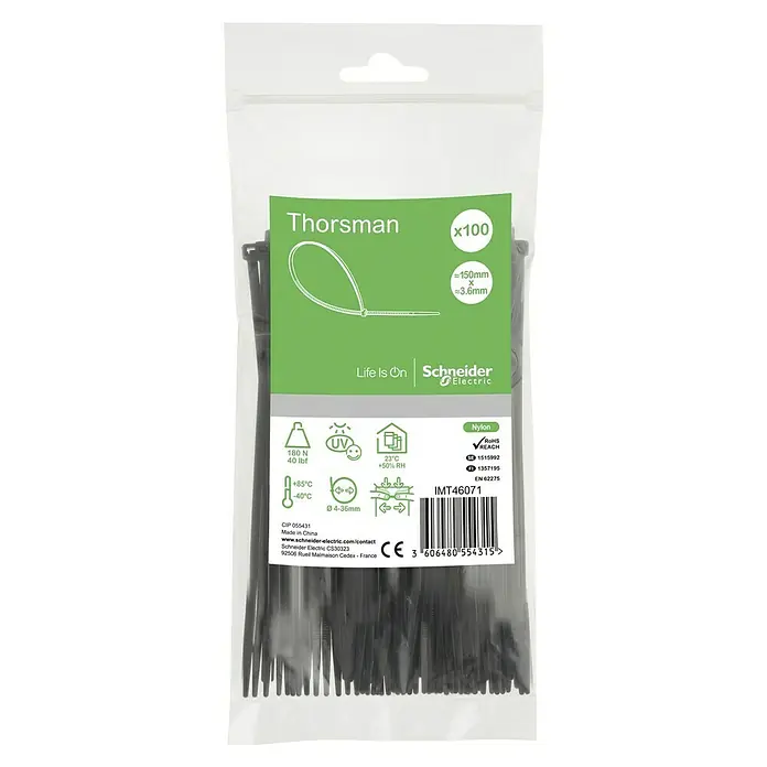 Schneider Electric Kabelbinder - Schwarz, 150 x 3,6 mm, 100 Stk. - Eine Packung Thorsman Kabelbinder (x100) von Schneider Electric, aus Nylon, ca. 150mm lang und 3.6mm breit.