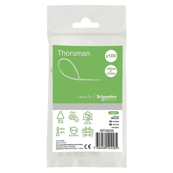 Schneider Electric Kabelbinder - Natur, 100 x 2,5 mm, 100 Stk. - Verpackung der Thorsman Kabelbinder aus Nylon, 100 Stück, 100 mm lang, 2,5 mm breit, mit technischen Daten und Herstellerinformationen.