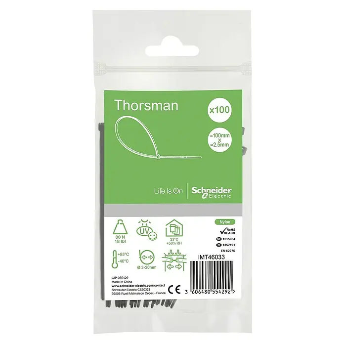 Schneider Electric Kabelbinder - Schwarz, 100 x 2,5 mm, 100 Stk. - Nahaufnahme einer Packung Thorsman Kabelbinder (x100) aus Nylon, ca. 100 mm x 2,5 mm, von Schneider Electric.