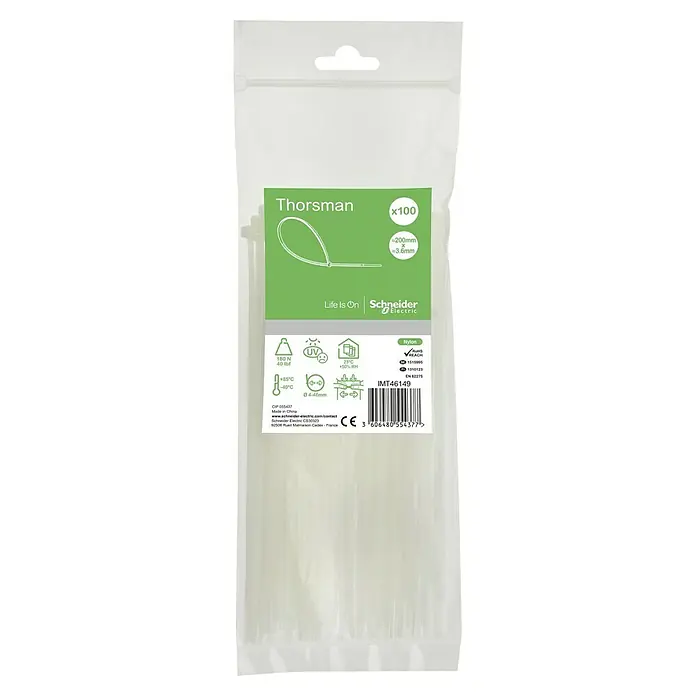 Schneider Electric Kabelbinder - Natur, 200 x 3,6 mm, 100 Stk. - Eine Packung Thorsman Kabelbinder aus Nylon, mit einer Zugfestigkeit von 180 N und geeignet für Temperaturen von -40°C bis +85°C.
