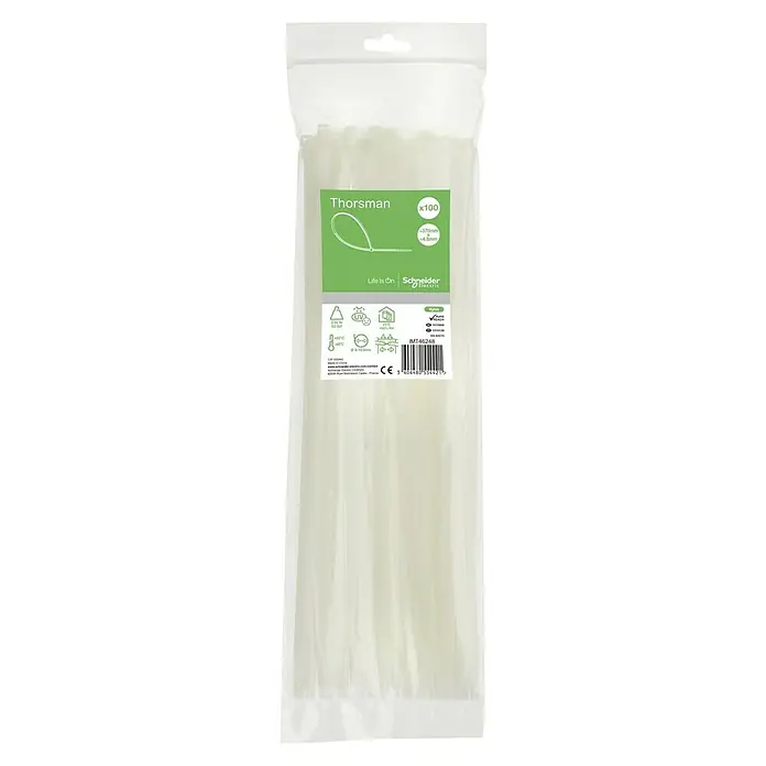 Schneider Electric Kabelbinder - Natur, 370 x 4,8 mm, 100 Stk. - Eine Packung Thorsman Kabelbinder (x100) mit einer Länge von ca. 370mm und einer Breite von 4.6mm, verpackt in einer durchsichtigen Kunststofftüte.