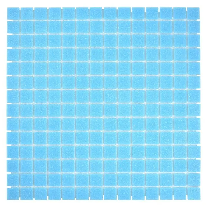 Mosaikfliese Quadrat Uni GM A 36 - 30,5 x 30,5 cm, Hellblau, Glänzend - Nahaufnahme von hellblauen quadratischen Glasmosaikfliesen, die ein einheitliches und dekoratives Muster für Wand- oder Bodenbeläge bilden.