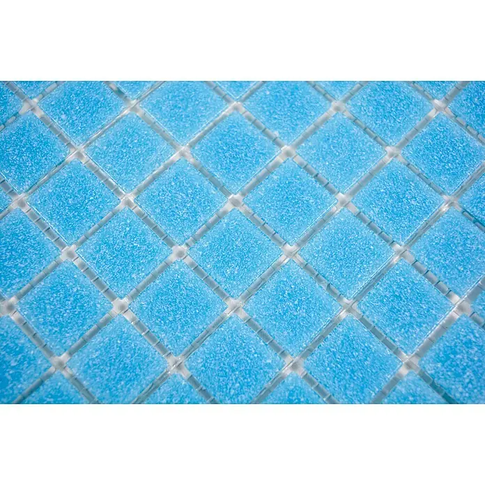 Mosaikfliese Quadrat Uni GM A 36 - 30,5 x 30,5 cm, Hellblau, Glänzend - Detailaufnahme eines blauen Mosaikfliesenmusters, ideal für Badezimmer oder Küchen, die einen frischen Farbakzent benötigen.