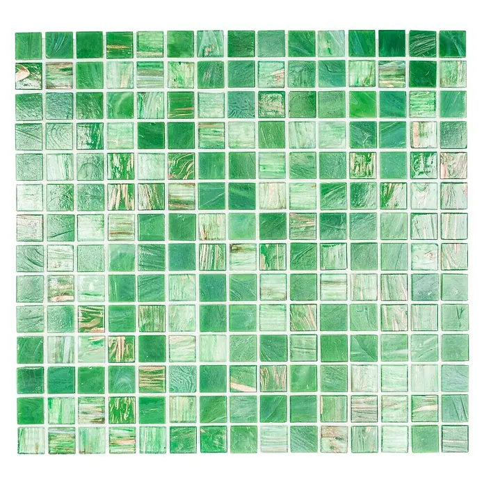 Mosaikfliese Quadrat Mix GSL 550 - 32,7 x 30,5 cm, Grün, Glänzend - Nahaufnahme eines Musters aus grünen Mosaikfliesen mit subtilen Marmoreffekten, ideal für Küchenrückwände oder Badezimmerakzente.