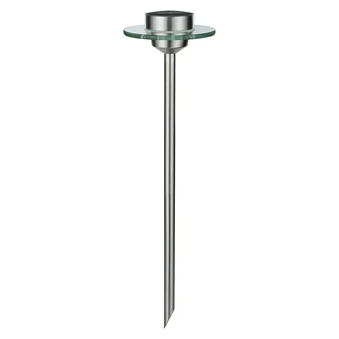 Paulmann Special Line Solarleuchte Ufo - Edelstahl, Höhe: 55 cm, LED - Bild einer Solar-Gartenleuchte mit Erdspieß. Die Lampe hat einen runden Glasschirm und einen Edelstahlstab zur Befestigung im Boden.