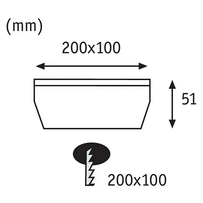 Paulmann LED-Außenwegleuchte Box - Warmweiß, L x B x H: 20 x 10 x 5,1 cm - Technische Zeichnung eines Behälters mit den Maßen 200x100 mm und einer Höhe von 51 mm, inklusive Befestigungsdetails.