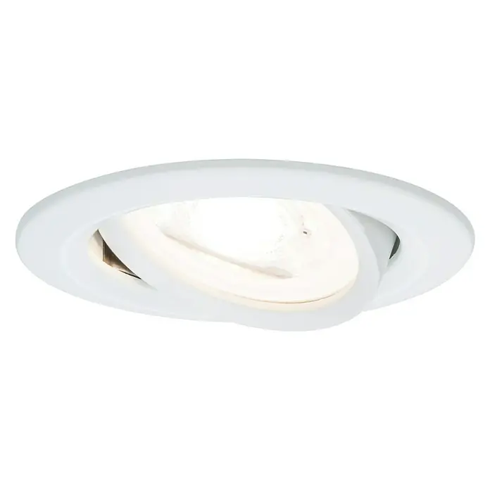 Paulmann Set de focos LED empotrables Diseño discreto - 6,5 W, Blanco, 3 ud., Blanco cálido - Primer plano de una lámpara empotrable redonda blanca. La luz tiene una suspensión cardán ajustable para iluminación direccional.