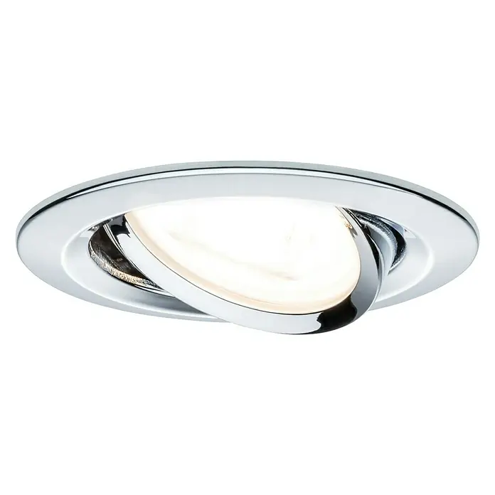 Paulmann LED-Einbauleuchten-Set Nova - 6,5 W, Chrom, 3 Stk., Warmweiß - Nahaufnahme eines verstellbaren, runden, silbernen LED-Deckeneinbaustrahlers, der ein helles, warmes Licht ausstrahlt.