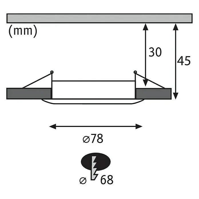 Paulmann LED-Einbauleuchte Nova - 6,5 W, Aluminium, Warmweiß - Produktdarstellung eines Deckeneinbauspots mit den Maßen 78 mm Außendurchmesser und 68 mm Einbaudurchmesser, sowie 30/45 mm Deckenabstand.