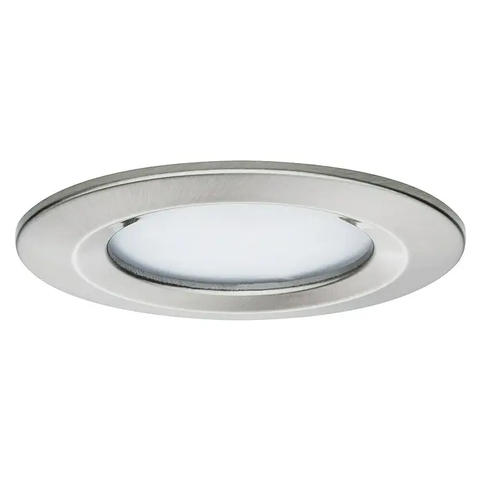 Paulmann Nova LED-Einbauleuchten-Set - 6,5 W, 3 Stk., Warmweiß, Durchmesser: 7,8 cm, Eisen gebürstet - Nahaufnahme einer runden LED-Einbauleuchte mit gebürsteter Metallfassung und weißem Diffusor für modernes Lichtdesign.