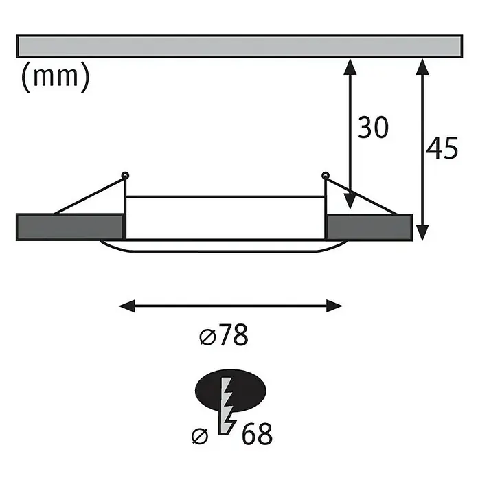 Paulmann Nova LED-Einbauleuchten-Set - 6,5 W, 3 Stk., Warmweiß, Durchmesser: 7,8 cm, Eisen gebürstet - Technische Zeichnung einer Lampe mit den Maßen 78 mm Durchmesser und 30/45 mm Höhe zur Decke.