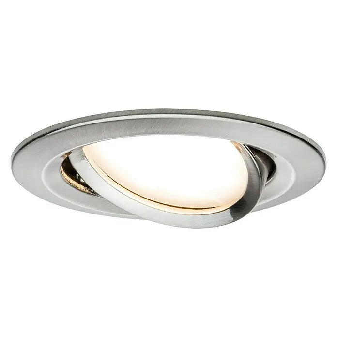 Paulmann Nova LED-Einbauleuchten-Set - 6,5 W, 3 Stk., Warmweiß, Durchmesser: 8,4 cm, Eisen gebürstet - Nahaufnahme einer LED-Einbauleuchte mit gebürsteter Metalloberfläche und warmweißem Licht, ideal für moderne Innenräume.