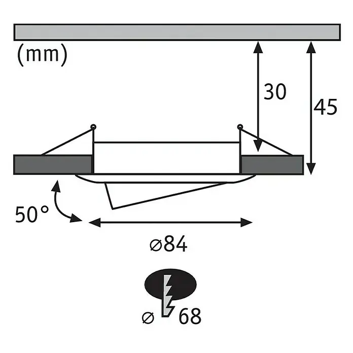 Paulmann Nova LED-Einbauleuchten-Set - 6,5 W, 3 Stk., Warmweiß, Durchmesser: 8,4 cm, Eisen gebürstet - Schemazeichnung der Leuchte mit den Maßen 30/45 mm Höhe, 84 mm Durchmesser und 50° Abstrahlwinkel. Lochdurchmesser beträgt 68 mm.