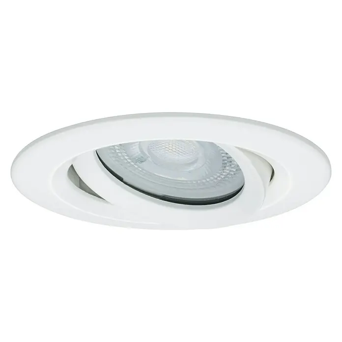 Paulmann Nova Set de focos LED empotrables Nova Coin - 7 W, Blanco cálido, IP65, 3 ud., Blanco - Primer plano de un foco empotrable ajustable, redondo y blanco. La carcasa es giratoria y la lámpara tiene una superficie acanalada.