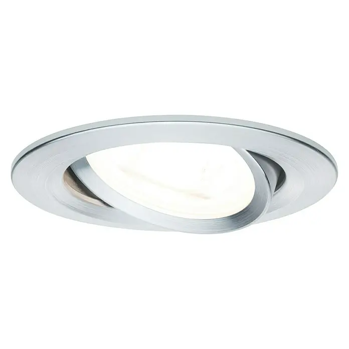 Paulmann Set de focos LED empotrables Diseño discreto - 6,5 W, Aluminio, 3 ud., Blanco cálido - Primer plano de una lámpara de techo redonda de color plateado con un elemento giratorio en forma de anillo, que emite una luz blanca cálida.