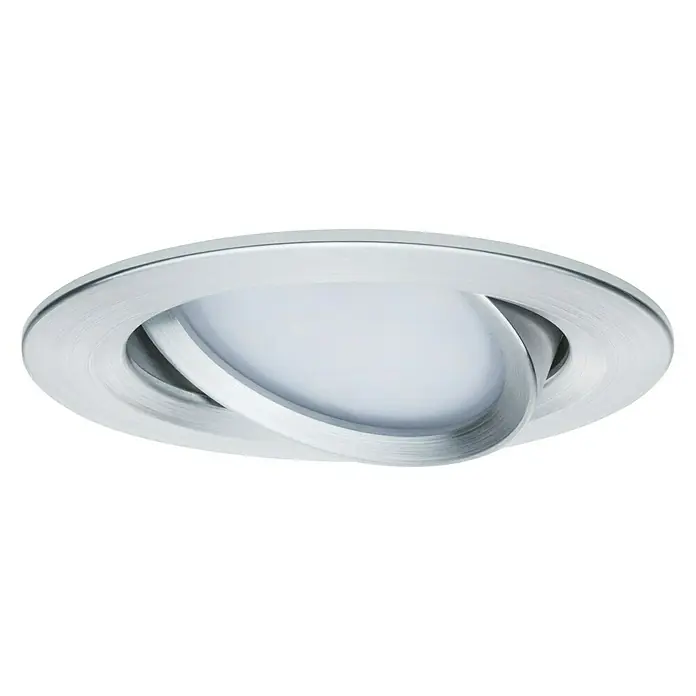 Paulmann Set de focos LED empotrables Diseño discreto - 6,5 W, Aluminio, 3 ud., Blanco cálido - Primer plano de un foco LED empotrable de techo con cabezal giratorio ajustable y acabado metálico cepillado.