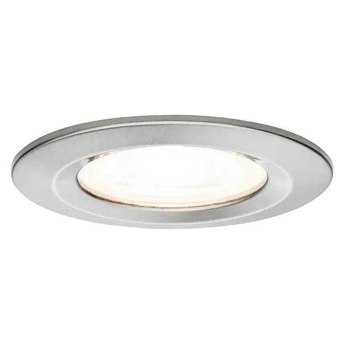 Paulmann Set de focos LED empotrables Nova Reto Rigid - 6,5 W, Hierro cepillado, 3 ud., Blanco cálido, Diámetro: 7,8 cm, IP44 - Primer plano de una luz LED redonda empotrada con un acabado de níquel cepillado, ideal para interiores modernos.