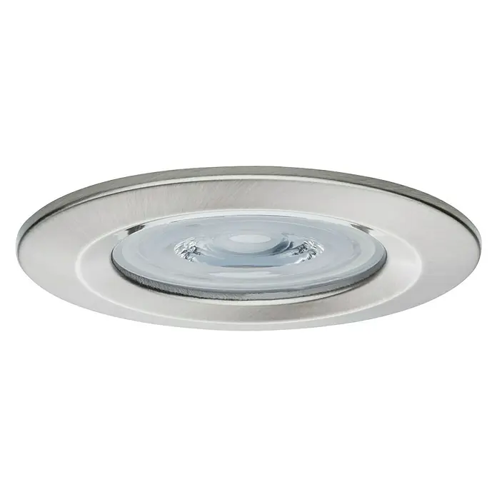 Paulmann Set de focos LED empotrables Nova Reto Rigid - 6,5 W, Hierro cepillado, 3 ud., Blanco cálido, Diámetro: 7,8 cm, IP44 - Primer plano de un foco empotrable LED redondo con marco de metal cepillado y difusor de vidrio transparente.