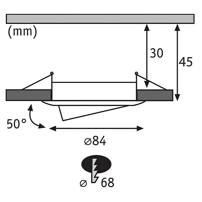 Paulmann Downlight empotrable LED redondo Nova Plus Coin - 6,8 W, Ø x Al: 8,4 x 4,5 cm, Blanco, Blanco cálido - Dibujo técnico de foco empotrable: Ø84mm exterior, Ø68mm de corte, 30mm profundidad de empotre, ángulo 50° ajustable.